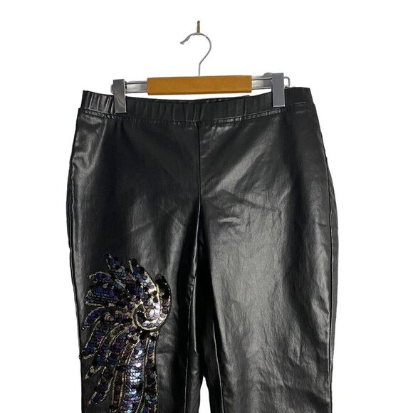 Venus Women's Black Faux Leather Sequin Wing Stretch Tapered Leg Pants - Picture 3 of 11